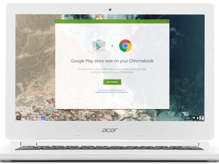 Montage: Play Store Hinweis auf Chromebook 13.