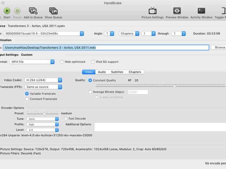 Die kostenlose Software Handbrake ist ein sehr flexibler Videokonverter, der sehr gute H.264-Dateien erzeugt.