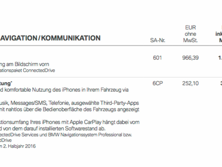 Ein Extras-Katalog verrät den Preis von CarPlay bei BMW