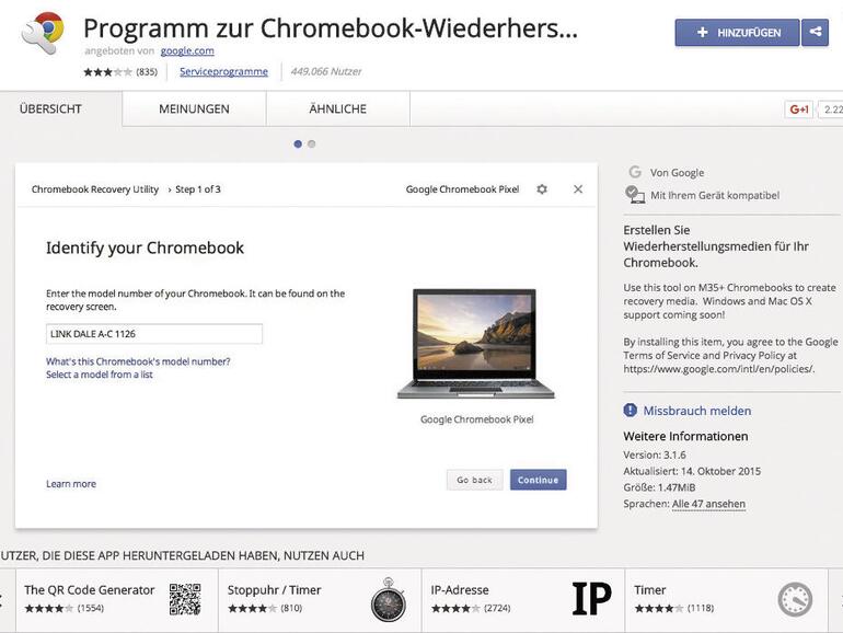 Klingt fast so sexy wie Festplattendienstprogramm: Googles „Programm zur Chromebook-Wiederherstellung“ dient als Erweiterung für den Webbrowser Chrome und zur Erschaffung eines CloudReady-Startlaufwerks.