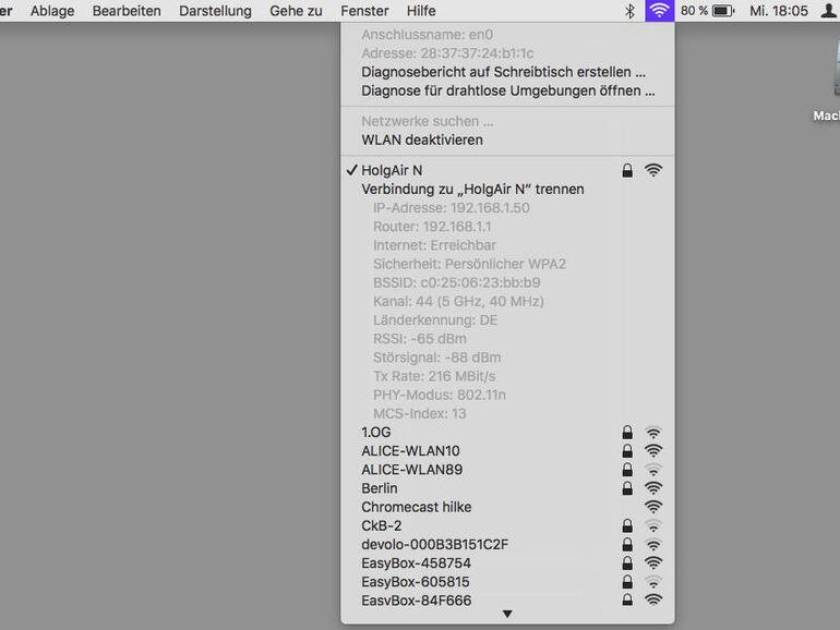 Klickt man mit gedrückter Alt-Taste auf das WLAN-Symbol, bekommt man eine Vielzahl an Informationen. Noch mehr erfährt man, wenn man das Diagnose-Tool öffnet.
