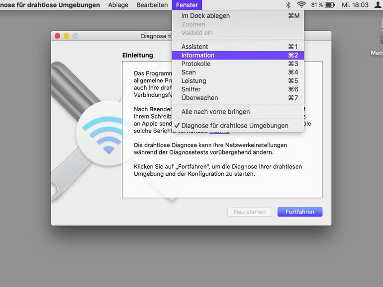 Klickt man mit gedrückter Alt-Taste auf das WLAN-Symbol, bekommt man eine Vielzahl an Informationen. Noch mehr erfährt man, wenn man das Diagnose-Tool öffnet.