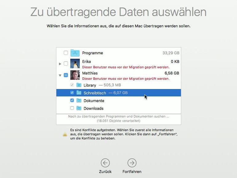 Für den Haupt-Account, Apps und Einstellungen scheidet der Migrationsassistent beim Clean Install in der Regel aus, Sie können aber später noch andere Benutzer oder Dokumente selektiv aus einem Backup oder von dem Klon übertragen.