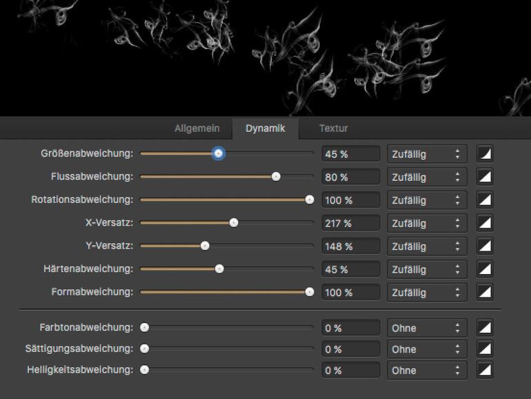 Die Einstellungen für die Pinselspitzen erreichen Sie per Doppelklick auf die Vorschau der Spitze. Für die Abwechslung ist der Reiter „Dynamik“ zuständig. Je höher der eingestellte Wert, desto stärker kann sich der Pinsel bei der Anwendung vom Ursprung unterscheiden.