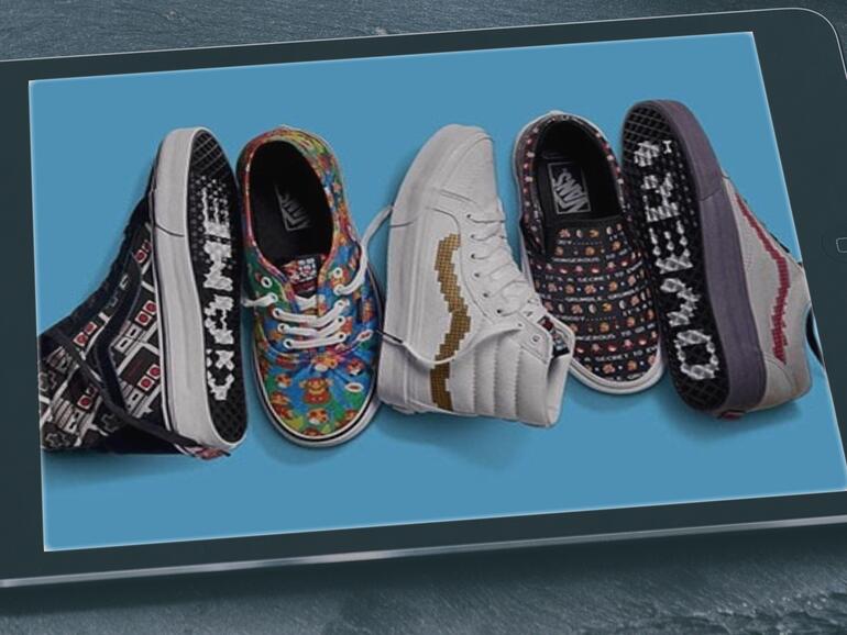 Montage: Sneaker von Vans mit Nintendo-Motiven auf iPad
