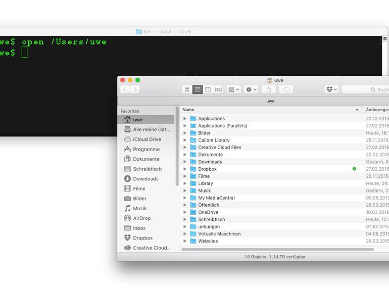 Über die Kommandozeile können auch Finder-Fenster geöffnet werden.