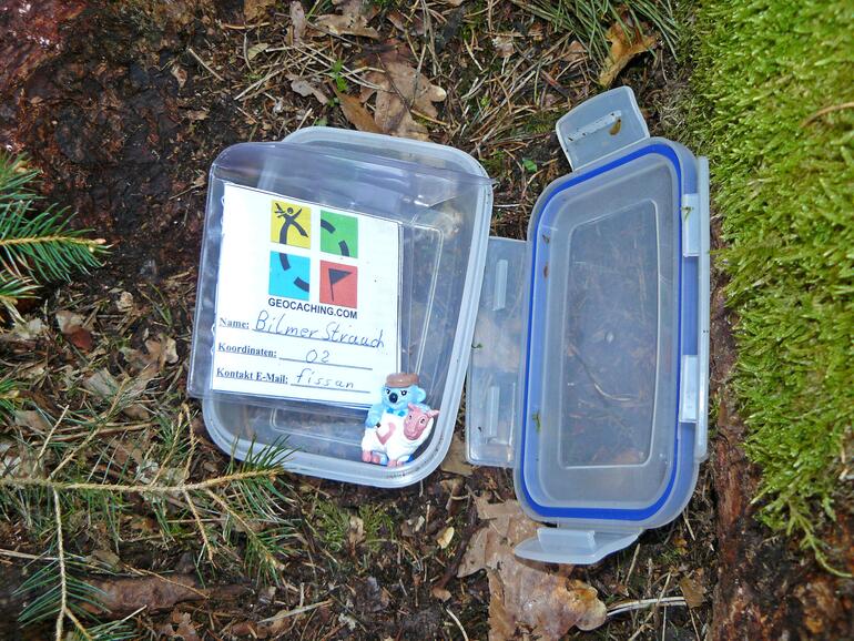 So sieht ein typischer Geocache der Größe small aus. Innerhalb der Dose befindet sich das Logbuch und vielleicht sogar ein Travelbug – oder wie in diesem Fall ein Tauschobjekt.
