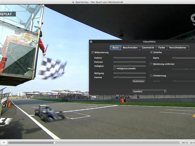Im Unterschied zum QuickTime Player bietet VLC eine Vielzahl an Bildeinstellungsmöglichkeiten wie Schärfe, Gamma und Kontrast.