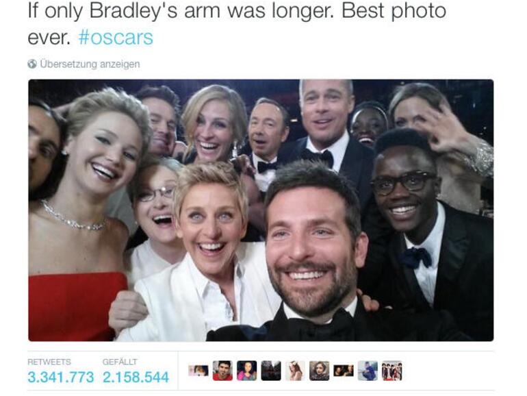 Das berühmte Selfie von Oscargastgeberin Ellen DeGeneres wurde schnell zum am meisten retweeteten Foto aller Zeiten und legte für kurze Zeit sogar Twitter lahm.