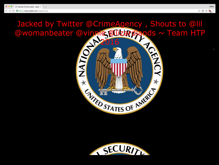 Screenshot zeigt die Webseite der Reddit-Apple-Community mit dem Defacement durch @CrimeAgency.
