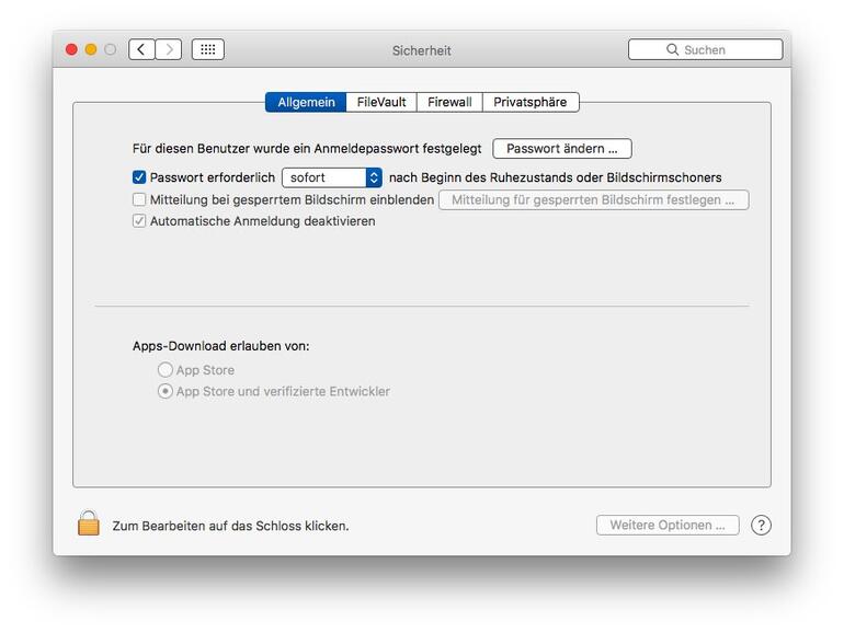 Systemeinstellungen zur "Sicherheit" in macOS Sierra. So sieht der Dialog aus, wenn man Auto Unlock mit der Apple Watch nicht nutzen kann, weil der Mac nicht kompatibel ist.