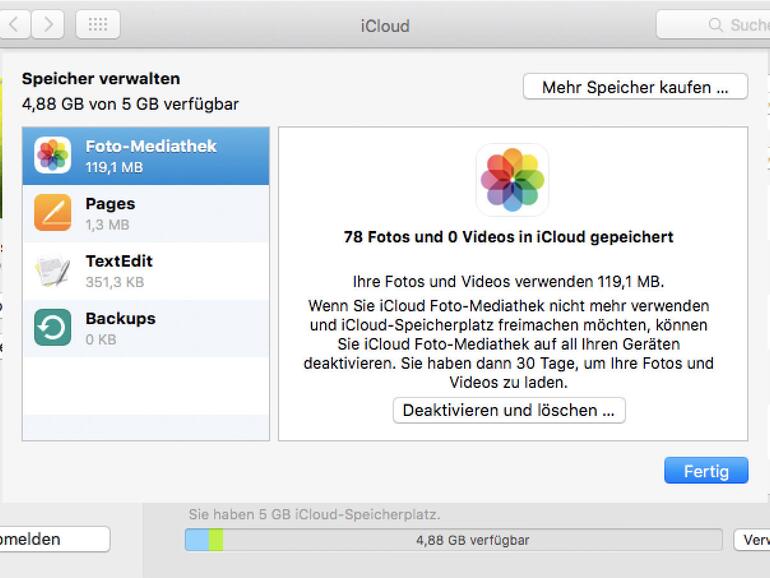 Die iCloud-Foto-Mediathek nutzt schnell den meisten Platz auf dem iCloud-Speicher.
Rechts: Im Kontrollfeld iCloud kann man bei Apple zusätzlichen Speicherplatz kaufen, und zwar im Monatsabo.