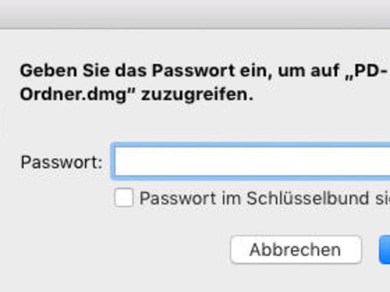 Nach Doppelklick auf ein verschlüsseltes Image fragt der Mac nach dem Passwort. Ohne dieses ist kein Zugriff auf die Daten möglich.