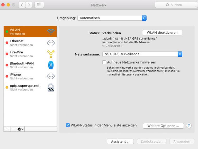 Die in der Systemeinstellung „Netzwerk“ angezeigte IP-Adresse wird nur intern verwendet. Sie ist im Internet nicht sichtbar. Diese erhält Ihr Mac von Ihrem Router.