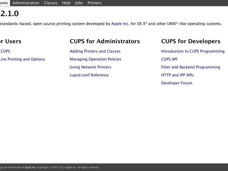 Die Weboberfläche von CUPS – Common UNIX Printing System