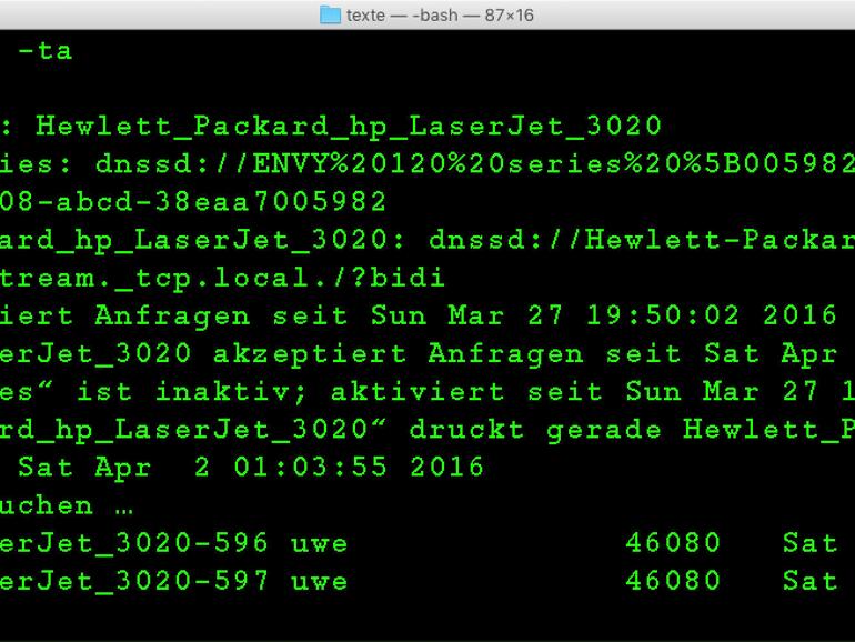Mehr Informationen zu Druckern und Druckaufträgen erhalten Sie über den Befehl lpstat