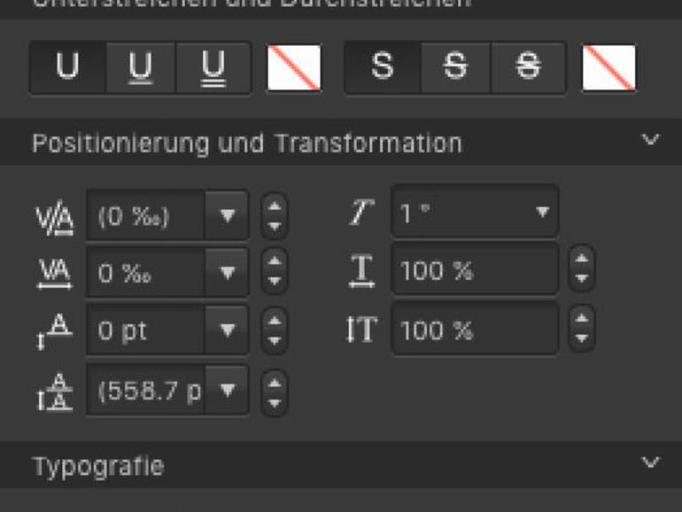 In der Zeichenpalette stellen Sie alles zum eigentlichen Schriftzeichen ein. Das reicht von der Schriftart, dem Schriftschnitt (Fett, Kursiv) und der Größe über den Zeilen- und den Zeichenabstand bis zu Besonderheiten der Typografie wie Kapitälchen oder Bruchzahlen.