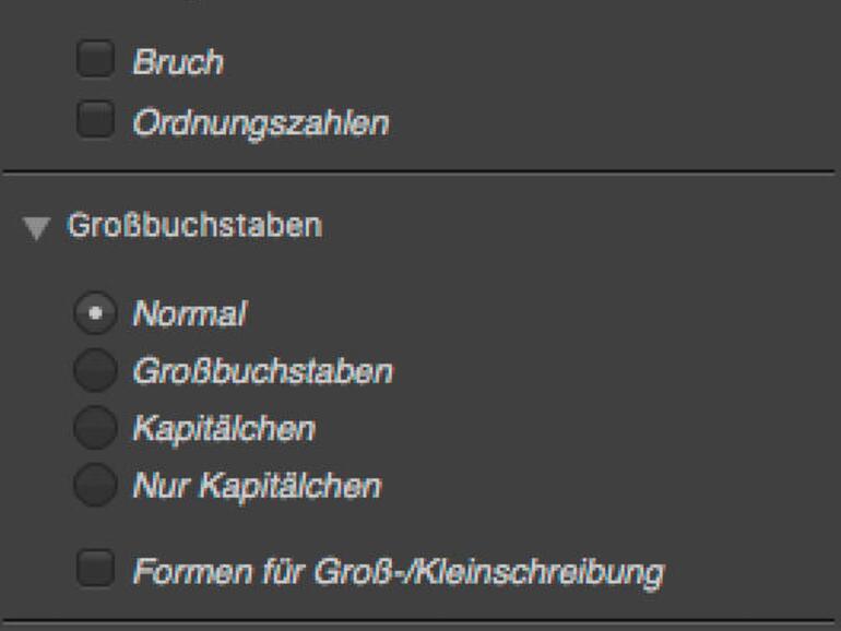 Die Typografiepalette dient vor allem als alternative Bedienung des unteren Bereichs der Zeichenpalette. Da die Palette kontextsensitiv ist, erlaubt sie nur die Aktionen, die laut Affinity Photo auch möglich sind. Alle anderen wird nicht angezeigt.