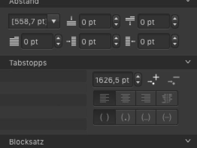 Mit der Absatzpalette bestimmen Sie, wie der Name vermuten lässt, das Verhalten der Schrift in einem Absatz. Hier definieren Sie die Ausrichtung wie linksbündig oder zentriert und regeln einzelne Abstände wie zum Beispiel den Einzug der ersten Zeile oder den Abstand nach dem Absatz. Auch die Tabulatoren werden hier gesetzt.