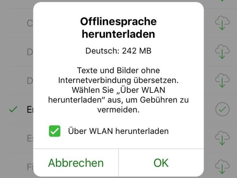 Sprachpakete lassen sich laden, womit die App auch ohne Internet einsetzbar ist.