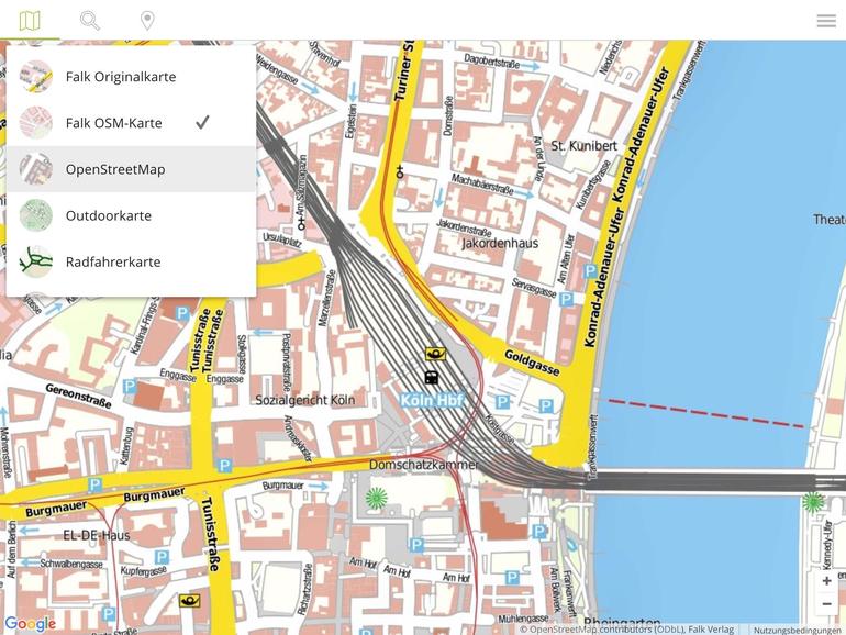 Kaum eine Karten-App bietet so viele Ansichten wie Falk Maps, darunter auch die vom Papier vertrauten Darstellungen. Dazu kommen schräg aufgenommene Luftansichten.