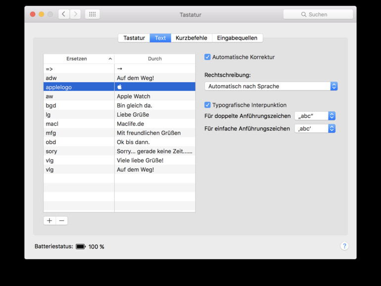 In den Systemeinstellungen können Kürzel eingefügt werden