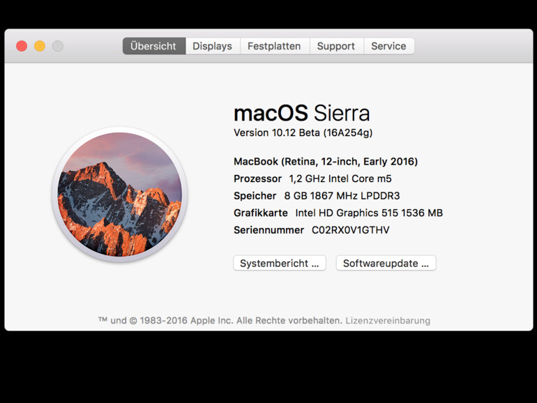Screenshot zeigt Infofenster mit Versionsnummer von macOS Sierra