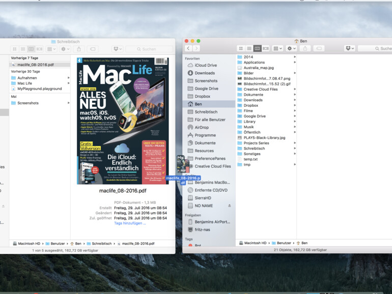 Dateien zwischen zwei Fenstern verschieben