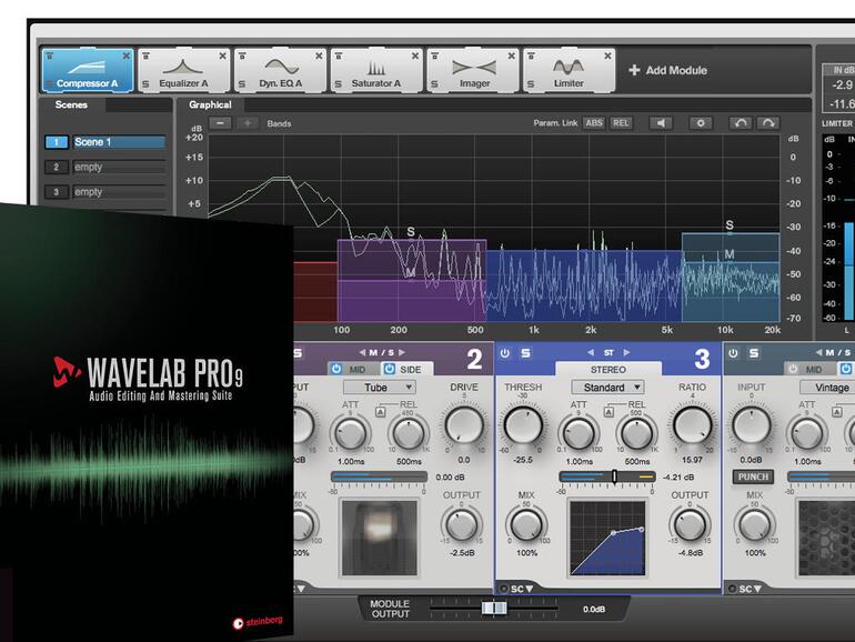 Das unbestrittene Highlight von WaveLab Pro 9: das leistungsfähige MasterRig mit sechs Multiband-Modulen, deren Reihenfolge Sie frei anpassen können.