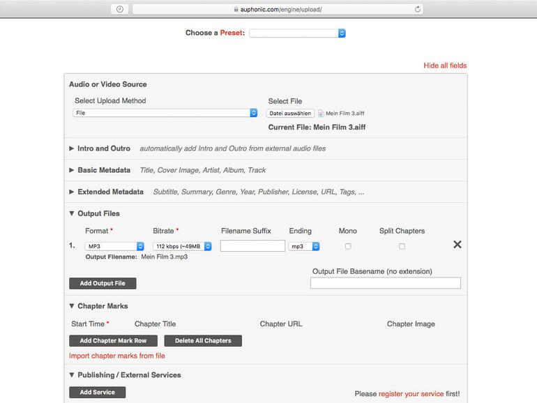 Der Webdienst Auphonic kann nicht nur Audiodateien optimieren, er ergänzt auf Wunsch Intros und Metadaten.