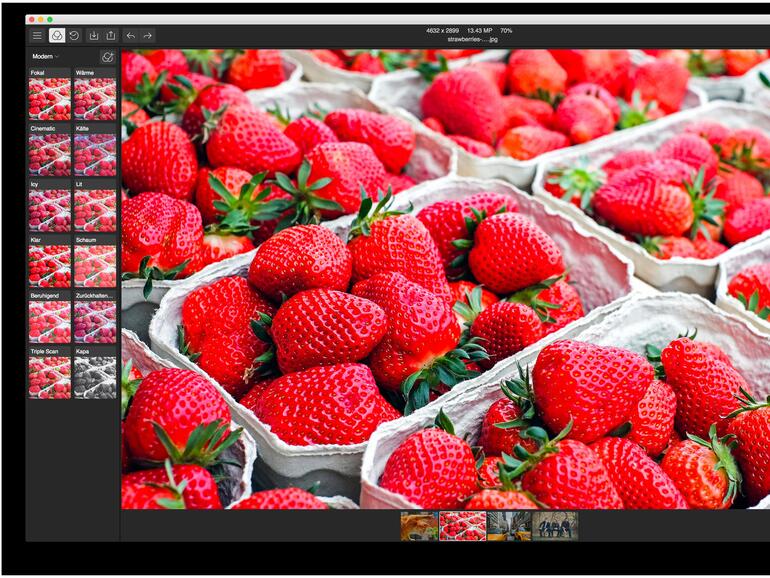 Polarr glänzt mit einer großen Arbeitsfläche: Links davon ist die Filterübersicht und -vorschau, rechts finden sich Korrekturwerkzeuge für ambitionierte Anwender. Beide Sammlungen lassen sich ausblenden.
