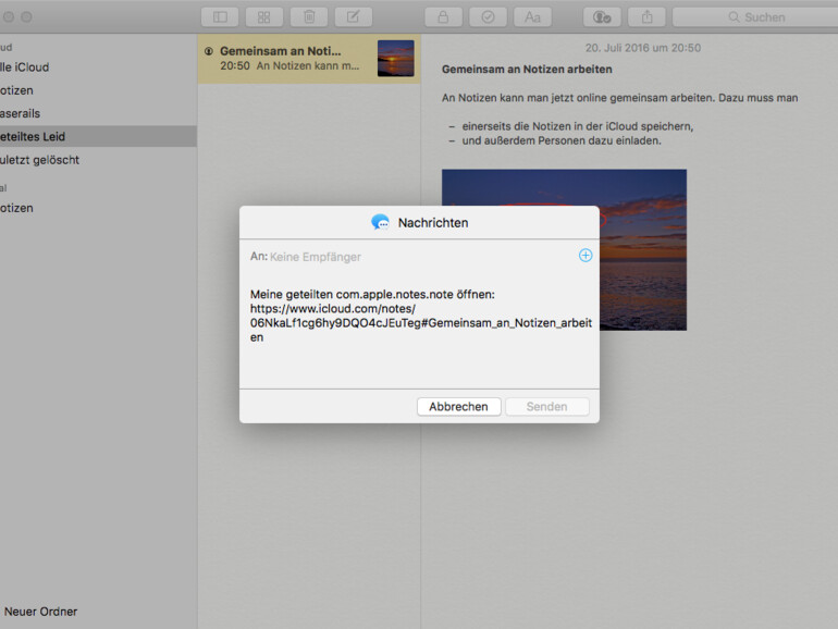 Schicken Sie einen Einladungslink per Nachrichten-App zum Zusammenarbeiten in der Notizen-App.