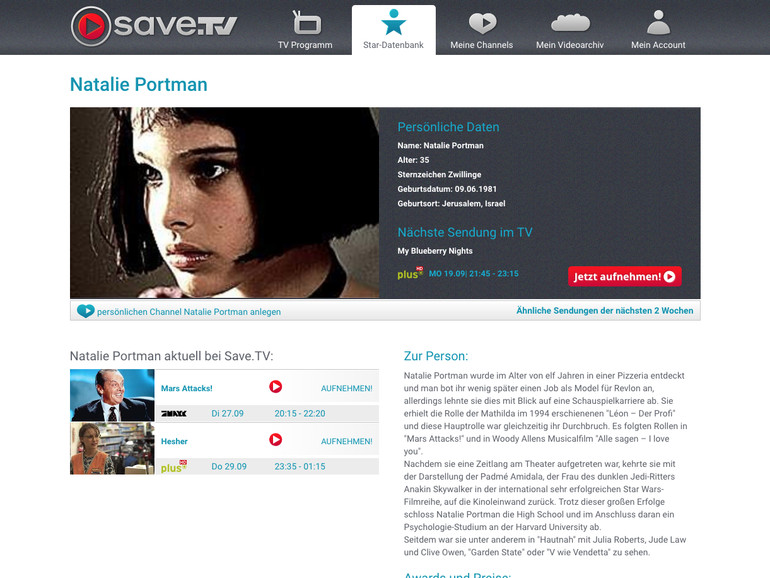 Die Star-Datenbank von save.tv ermöglicht es Inhalte von Schauspielern und Schauspielerinnen aufzuzeichnen.