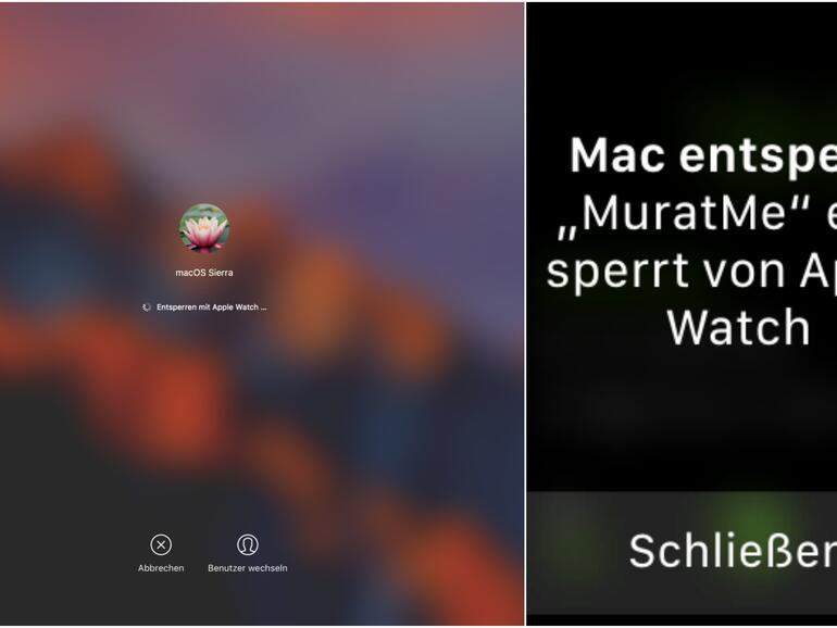 Automatisches Entsperren: Links das Ergebnis am Mac, rechts der Screenshot auf der Apple Watch.