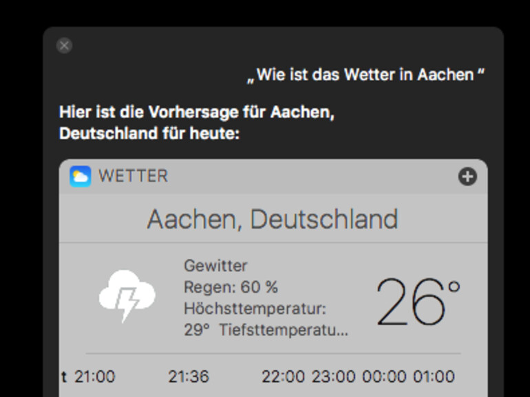 Wettervorhersage für Aachen von Siri am Mac