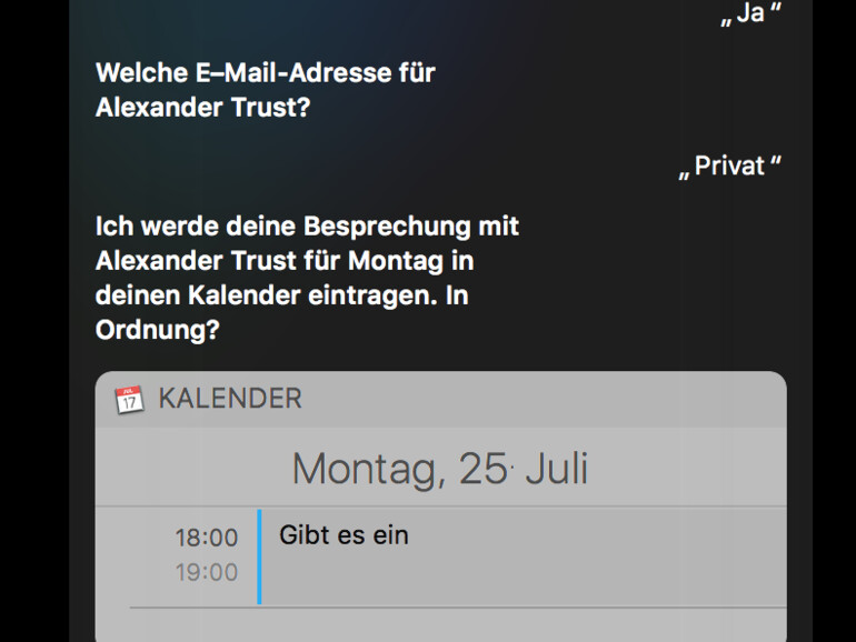 Siri-Dialog zeigt Gespräch zum Termineinrichten