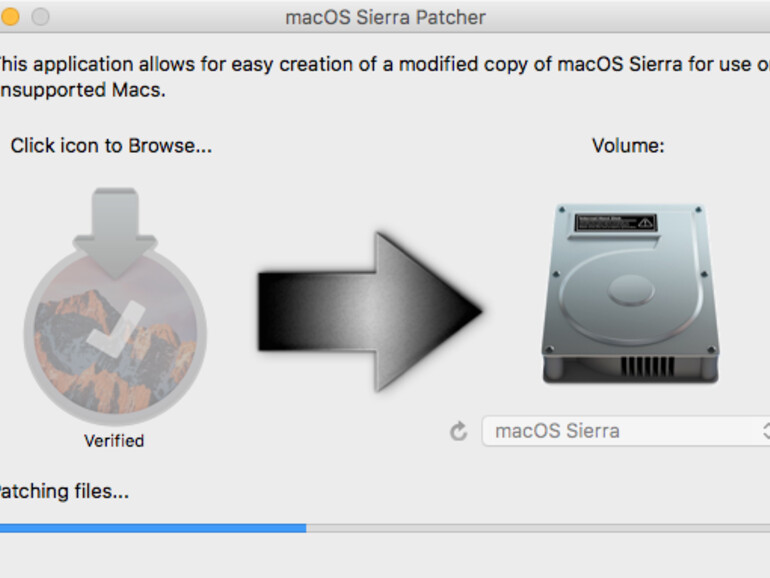 macOS Sierra Patcher beim Patchen der Dateien auf dem USB-Stick