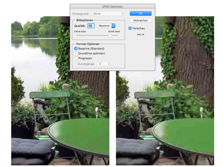 In diesem extrem vergrößerten Beispiel sieht man recht gut, dass zu starke Kompression bei JPEGs zu sichtbaren Blöcken im Bild und sichtbarem Verlust an Details führt. Wann immer möglich, sollte man die maximale Qualität bei der Erzeugung des JPEGs wählen.