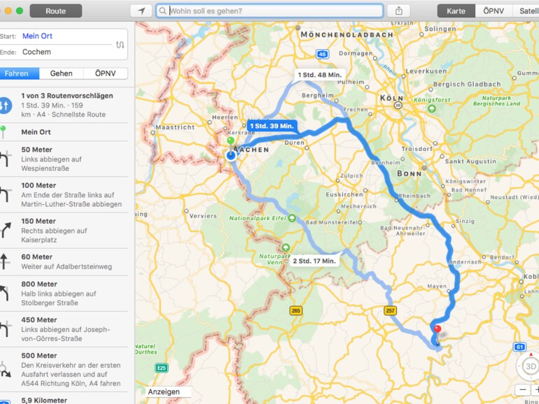 Route nach Cochem an der Mosel