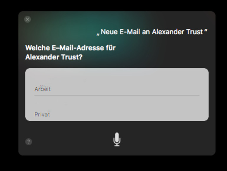 Siri erkundigt sich, welche E-Mail zu einem Kontakt gewählt werden soll.