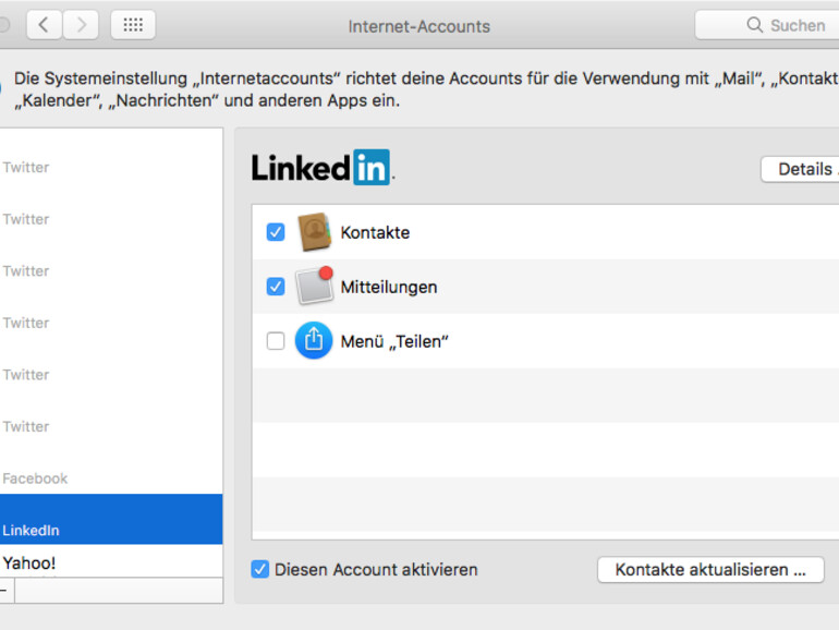 Systemeinstellungen-Dialog zu Internet-Accounts