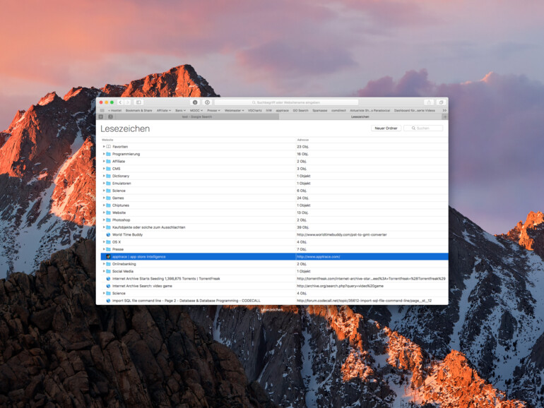 Lesezeichen-Manager in Safari 10