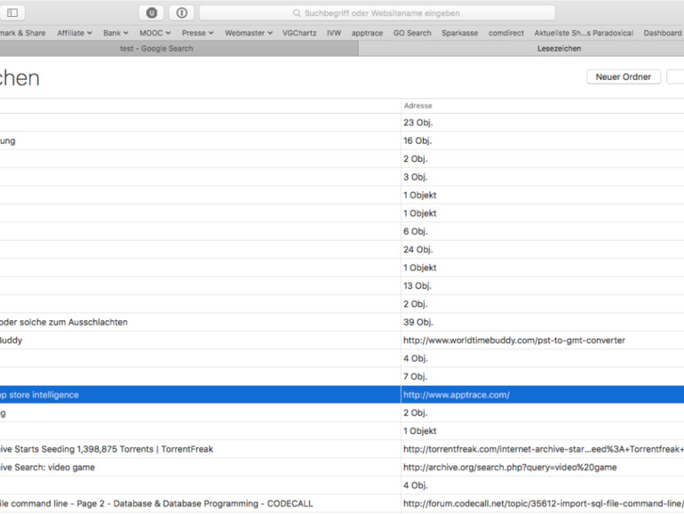 Lesezeichen-Manager in Safari 10