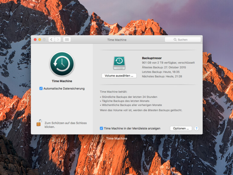 Time Machine: Einstellungen in macOS Sierra
