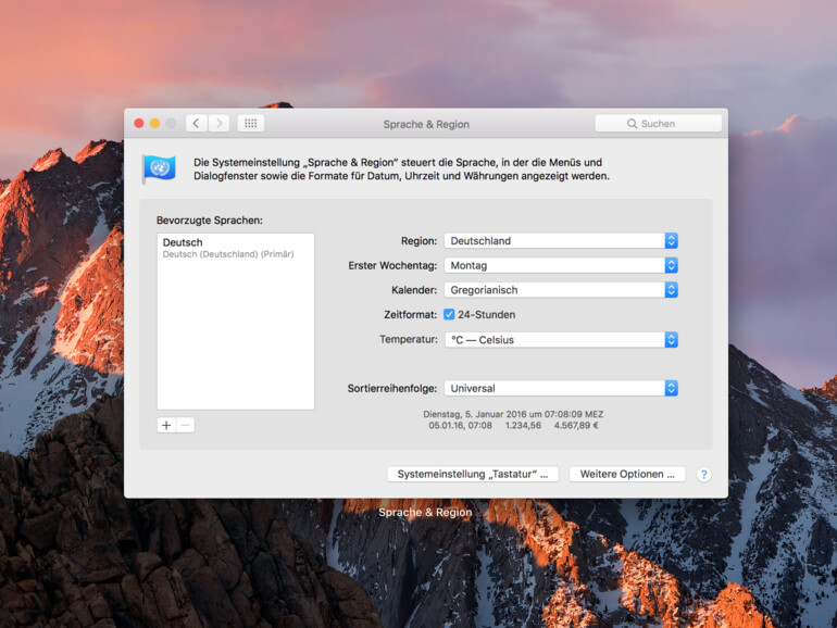 Einstellungen für Sprache und Region in macOS Sierra