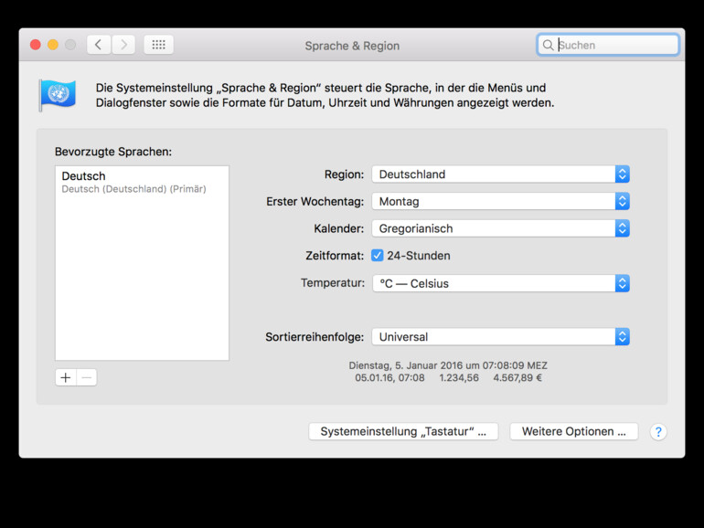 Einstellungen für Sprache und Region in macOS Sierra