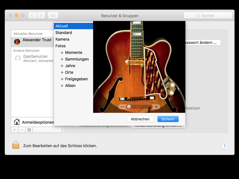 Systemeinstellungen &gt; Benutzer und Gruppen: aktueller Avatar