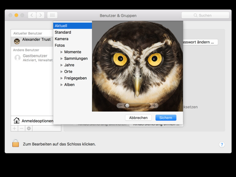 Systemeinstellungen &gt; Benutzer und Gruppen: neuer Avatar