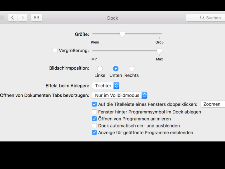 Dock-Einstellungen-Dialogfenster in macOS Sierra