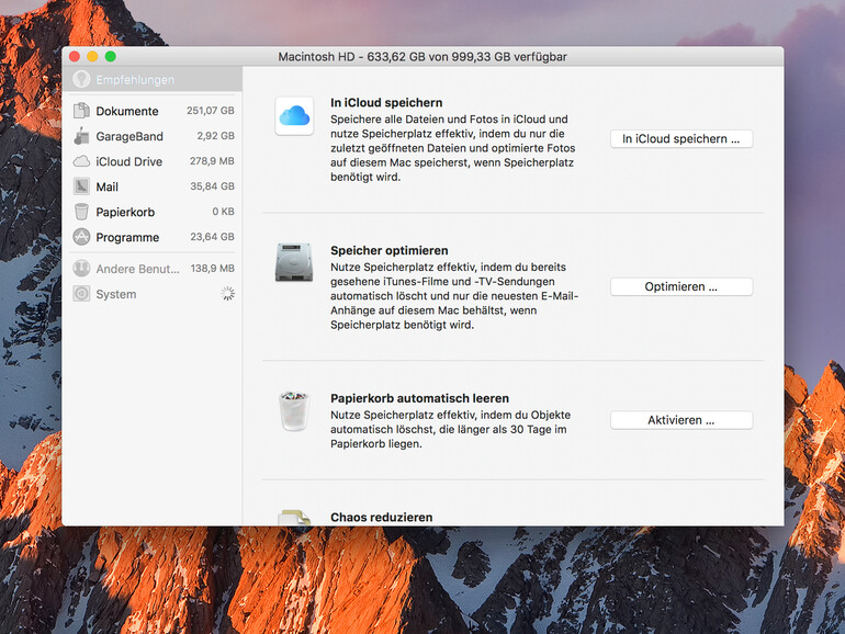 macOS Sierra gibt Tipps, wie man den Speicherplatz optimieren kann